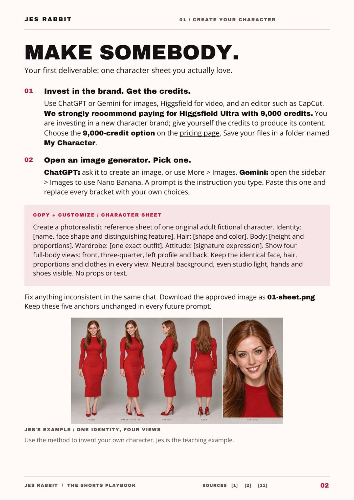 Page 2 of Jes Rabbit’s actual playbook, including her character card and the character-sheet prompt.